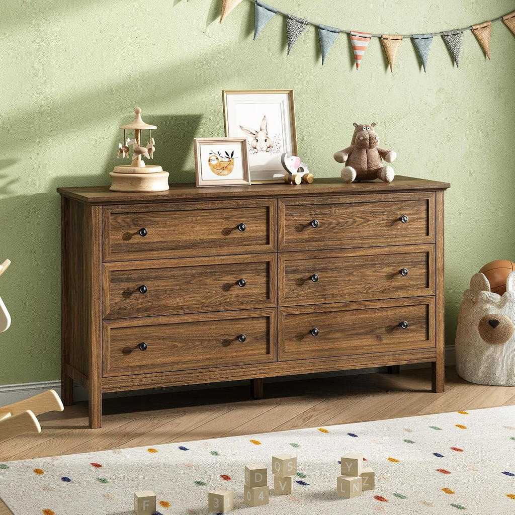 55'' Walnut Dresser with 6 Drawers , Wood Dresser Natural Modern Chest of Drawer with Handles Solid Wood Legs, Large