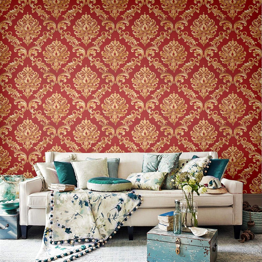 Red Damasks Flocking Embossed Textured Wallpaper Roll Bedroom, 20.8 In32.8 Ft=57 Sq ft Per Roll, Gold/Red