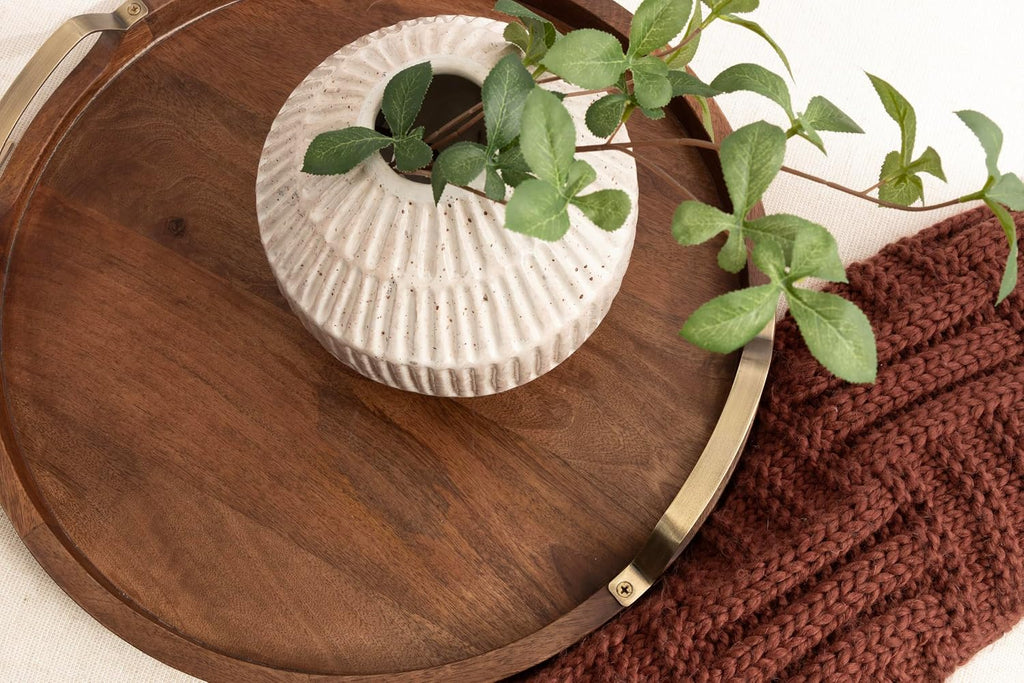 Farson Modern Decorative Wood Round Ottoman Tray with Handles, 18 Inch Diameter, Walnut Brown and Antique Brass