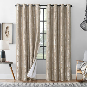 Light Brown and Silvery 100% Blackout Curtain Panels - Set of 2, Jacquard Geometric Pattern, Grommet Room Darkening
