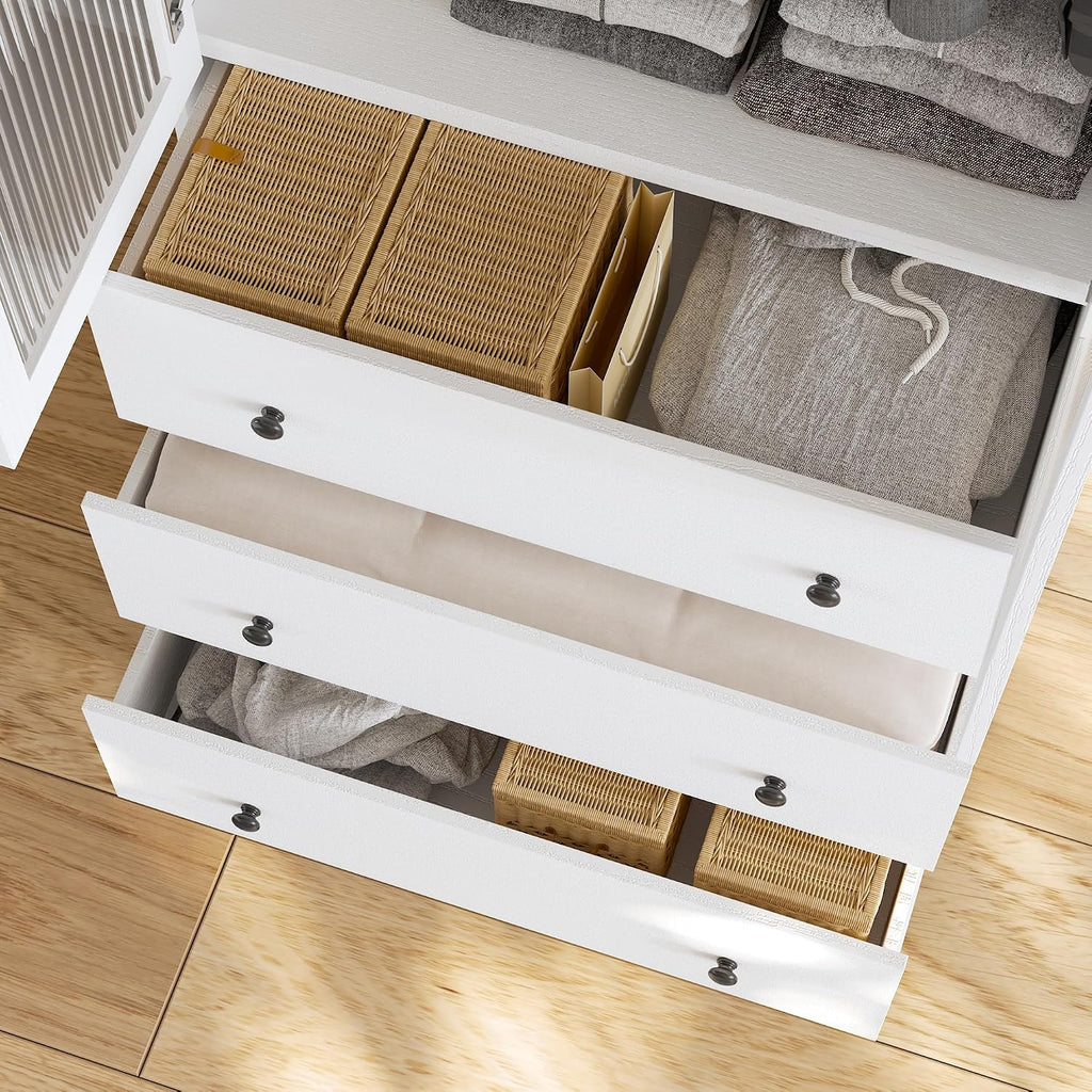 20"D Armoire Wardrobe Closet with Fluted Glass Door, 71" H Clothing Storage Cabinet with 8 Drawers, Hanging Rod, 4