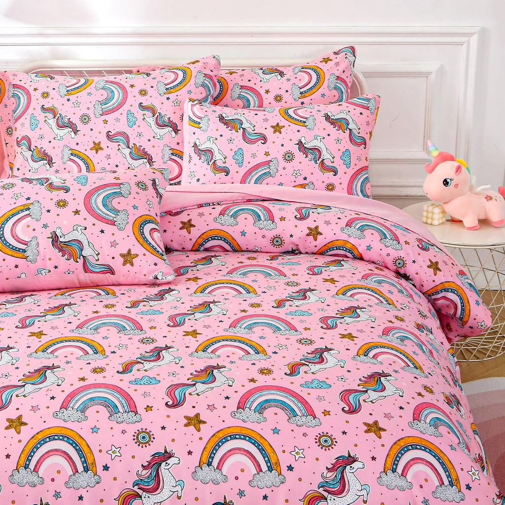 Glow in The Dark Kids Comforter Set, 3 Pieces Pink Unicorn Bedding Set for Boys Girls Teen, 1 Comforter, 1