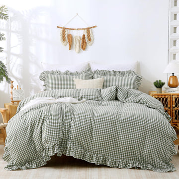 Green Gingham Ruffle Duvet Cover Set Cotton Like Linen