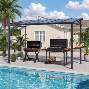 12x6 ft Hardtop Grill Gazebo, Outdoor Sloping PC Roof BBQ Patio Metal Gazebo with Shelves and Hooks