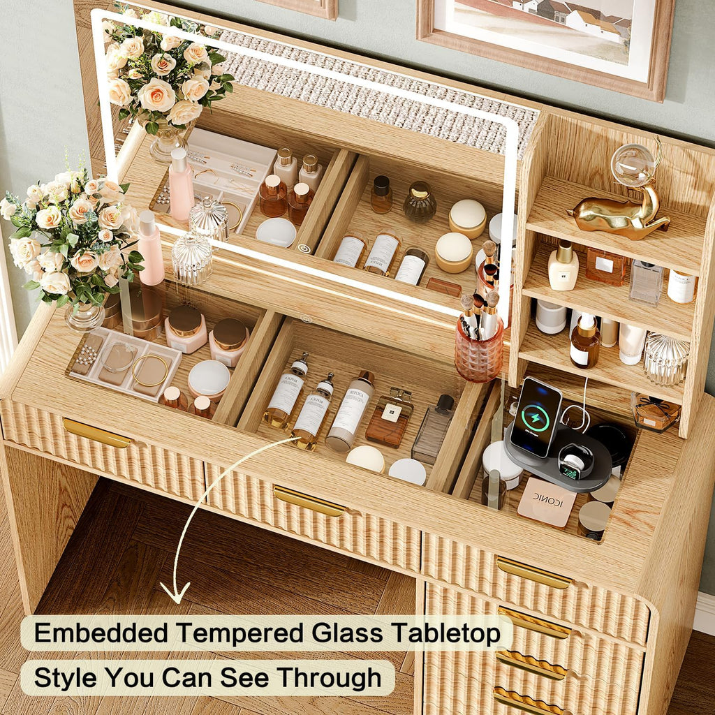 47"Makeup Vanity Desk with Mirror and Lights, Vanity Desk with 7 Drawers & Storage Shelves, Vanity Table with Power