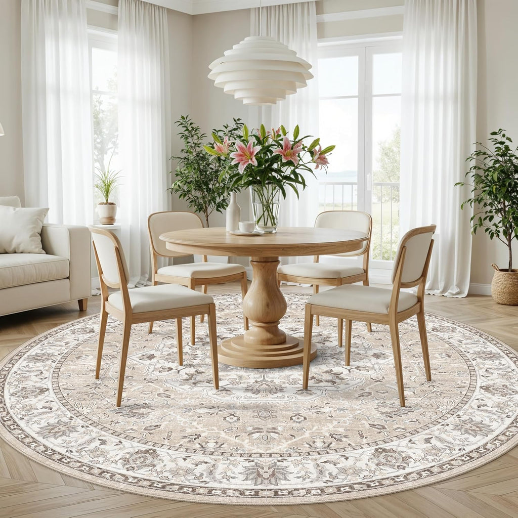 Washable 8ft Round Area Rug - Living Room Oriental Non Slip Soft Rugs Indoor Low Pile Stain Resistant Carpet Dining