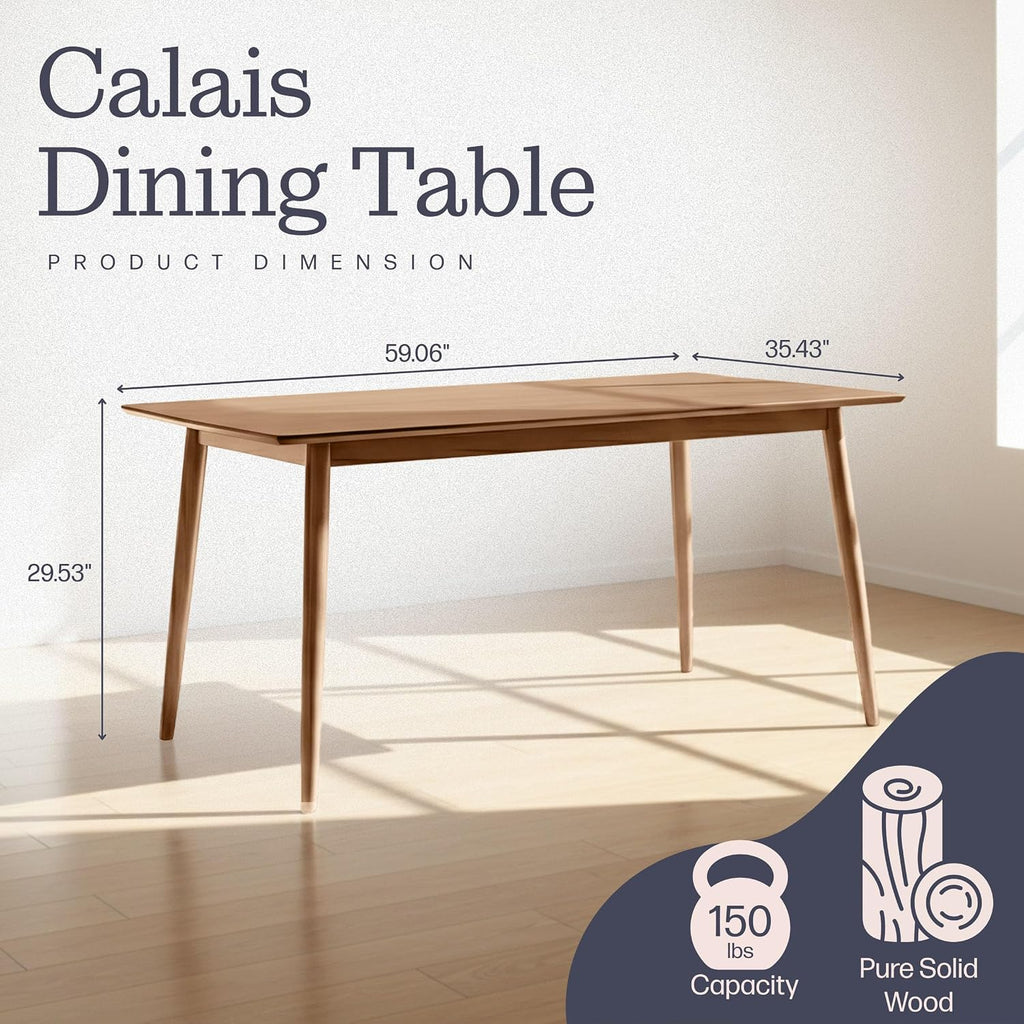 Calais Dining - Mid Century Modern 59-Inch Rectangular Dining Table for 4 - Solid Wood Kitchen and Dining Room Table