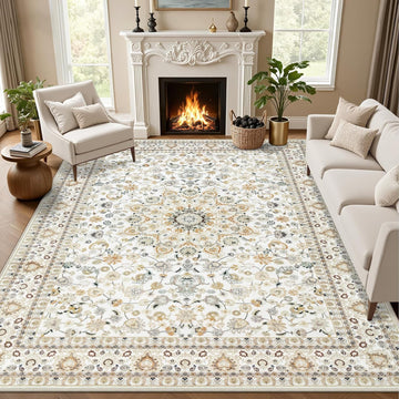Area Rugs 9x12 Living Room Rug: Washable Rug Soft Vintage Boho Carpet Indoor Floor Non-Slip Stain Re