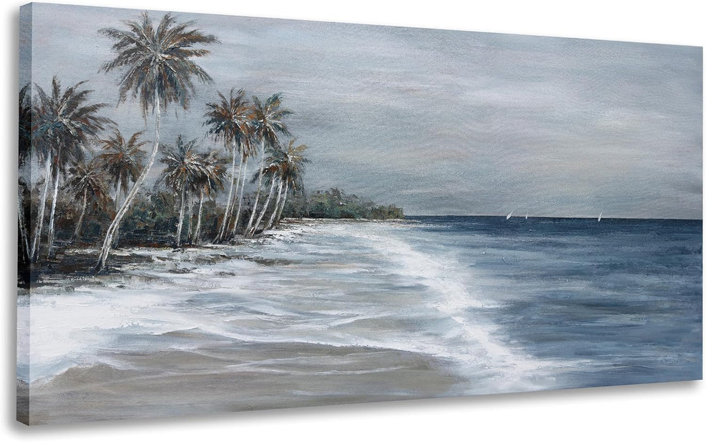 Coastal Wall Art Blue Gray Beach Wall Decor Landscape Abstract Canvas Painting Modern Ocean Artwork Framed Bedroom