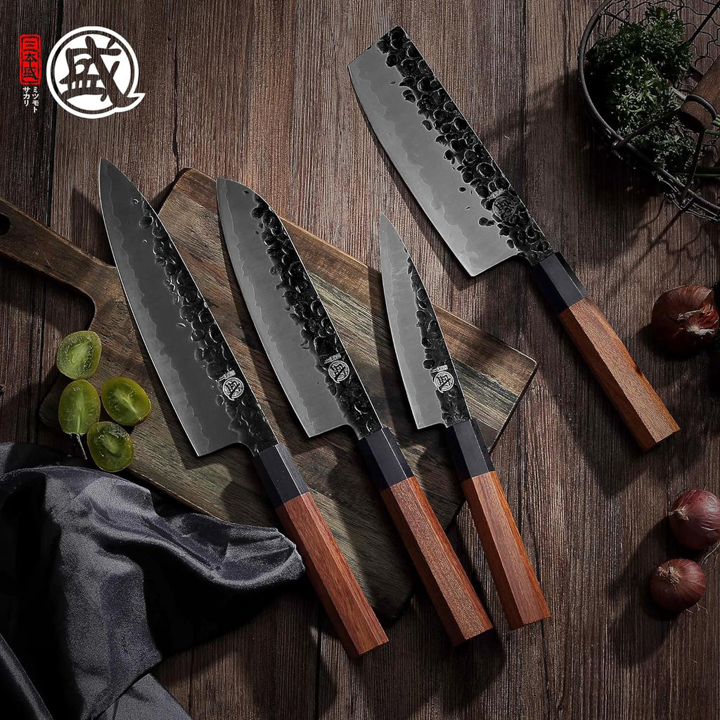 4-Piece Japanese Chef Knife Set, San-Mai 9Cr18MoV | Gyuto Santoku Nakiri Paring, Deep-Cryo Heat Treatment, Tsuchime