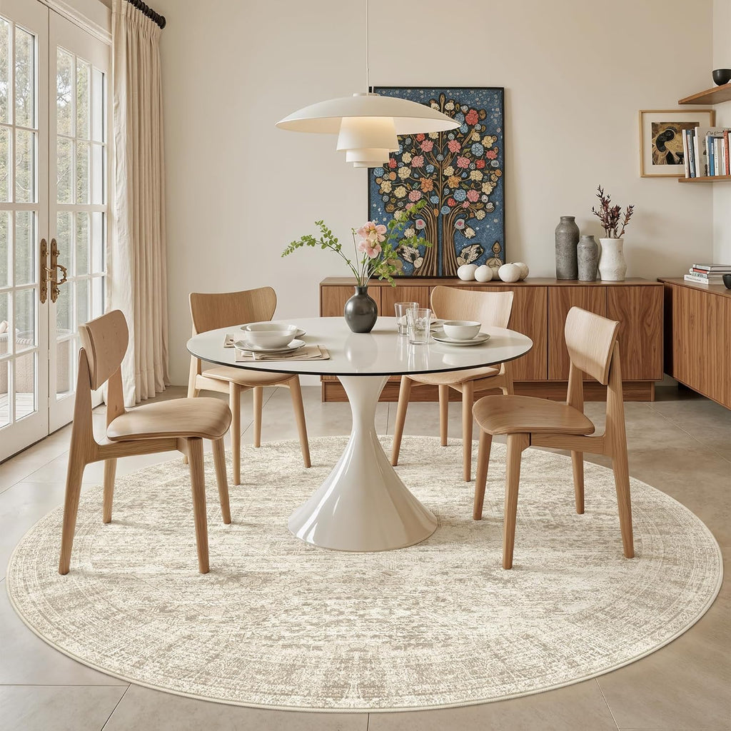 8x8 Beige Round Rug 8ft Living Room Circle Rug Vintage Round Area Rug Non Slip Indoor Carpet for Apa