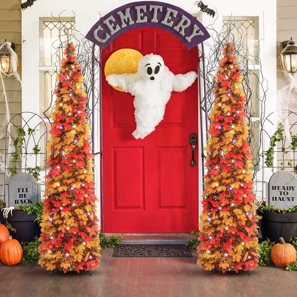 Fall Tree Home Decor, 5FT Pop Up Tree with Lights & Timer & 8 Modes, Collapsible Tinsel Pencil Tree for Autumn
