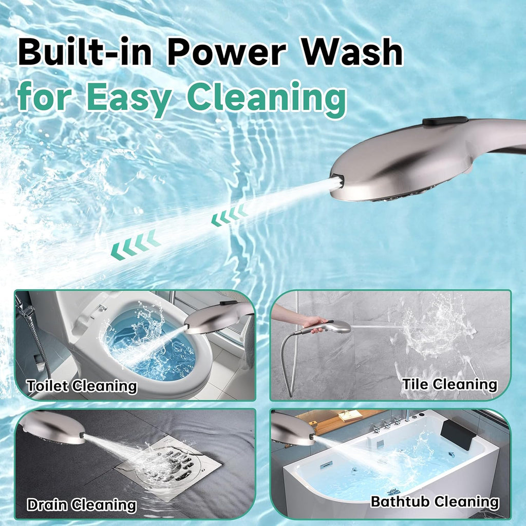 High Pressure Shower Head with Handheld, 9 Spray Settings Showerhead Built in Power Wash to Clean Tub and Pets