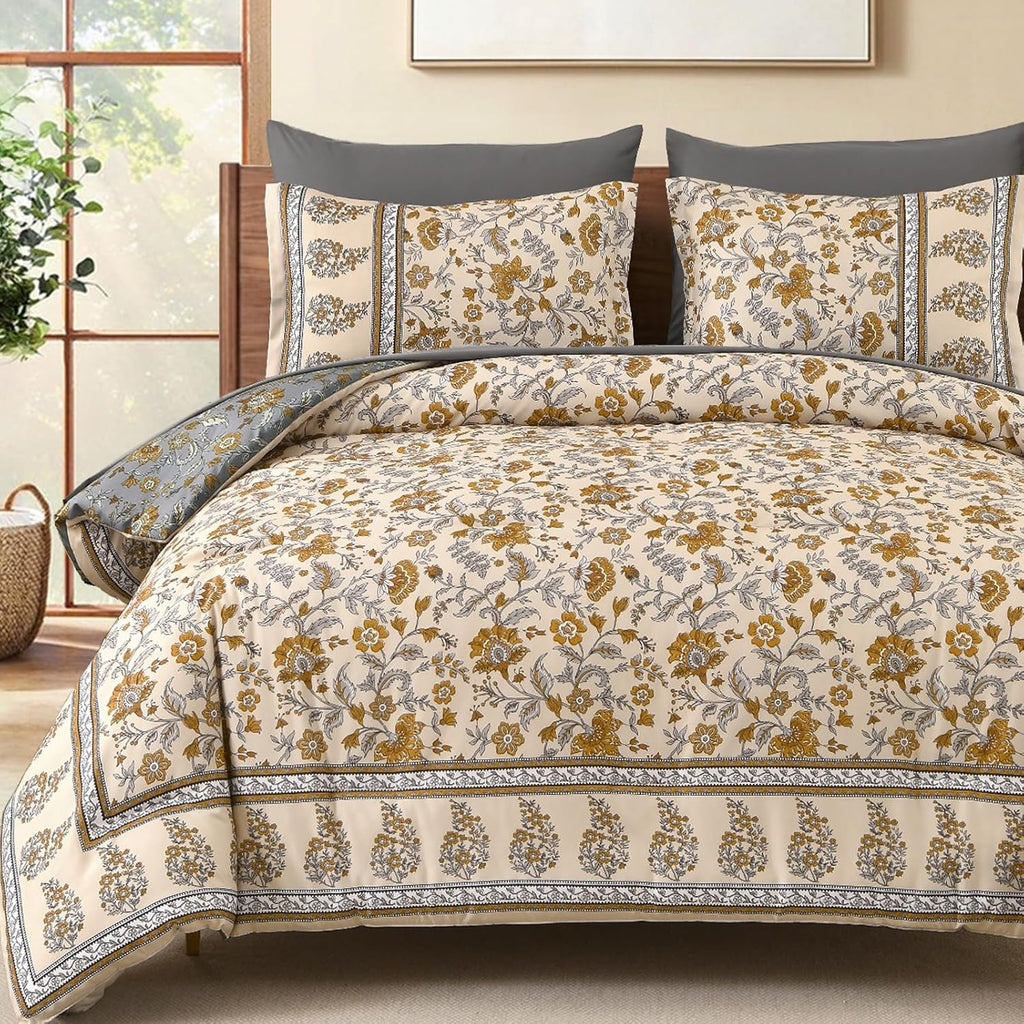 Dinjoy Boho Comforter Set Queen,Beige Brown Bedding Paisley Floral 7 Piece Bed in a Bag Reversible Lightweight