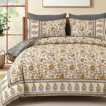 Boho Comforter Set,Beige Brown Bedding Paisley Floral 7 Piece Bed in a Bag Reversible Lightweight