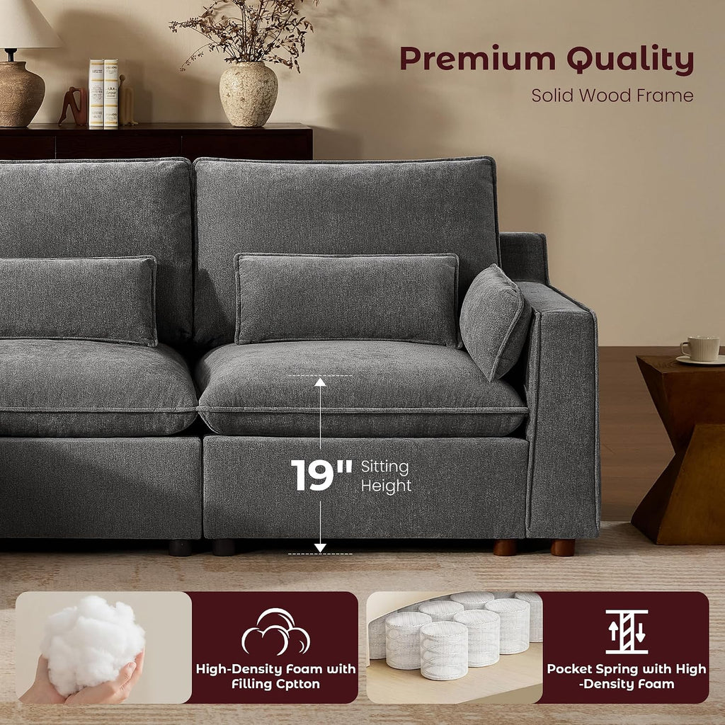 Modern Modular Sectional Sofa,103" L Shape Minimalist Couch with Storage Ottoman,Comfty 4 Seat Sofa ,Grey Chenille