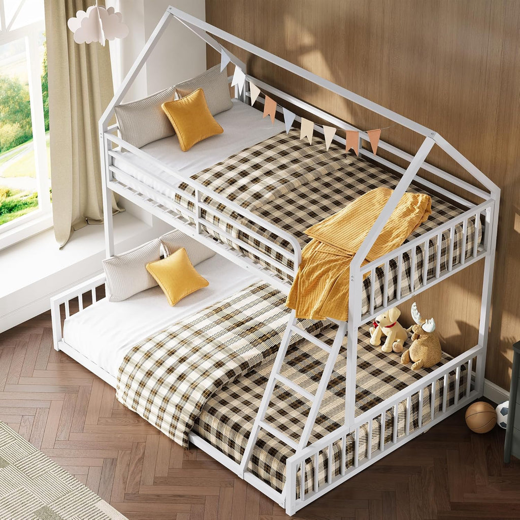 Bunk Bed Twin Over Full, House Bunk Bed Frame with Ladder and Guardrail