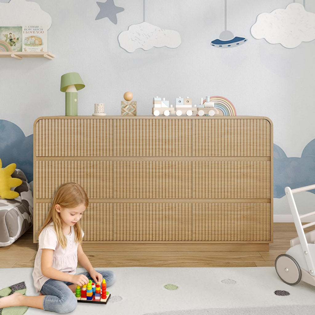 Dresser with 9 Drawers, Fluted Chest of Drawers with Round Curved Corner, Hidden Handles, Modern Wood Storage