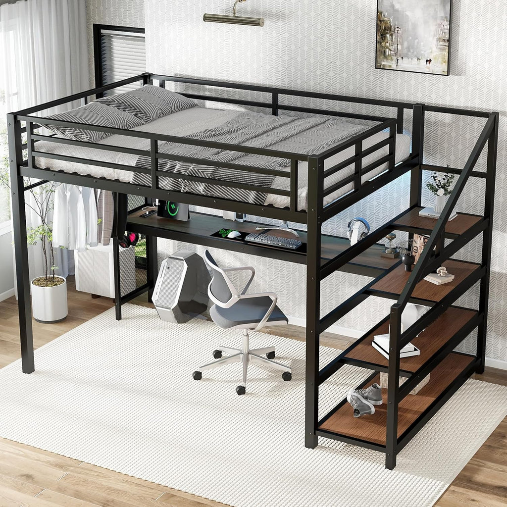 Metal Full Loft Bed with Desk and Storage Stairs,Heavy Duty Loft Bed Frame Full with LED Lights and Charging Station