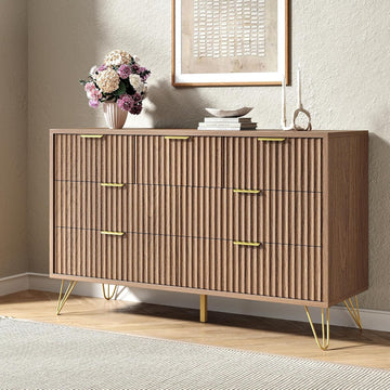 Fluted 7 Drawers Dresser , Wood Dressers with Scratch-Proof Golden Handles, Natural Curved Profile, Modern Chest