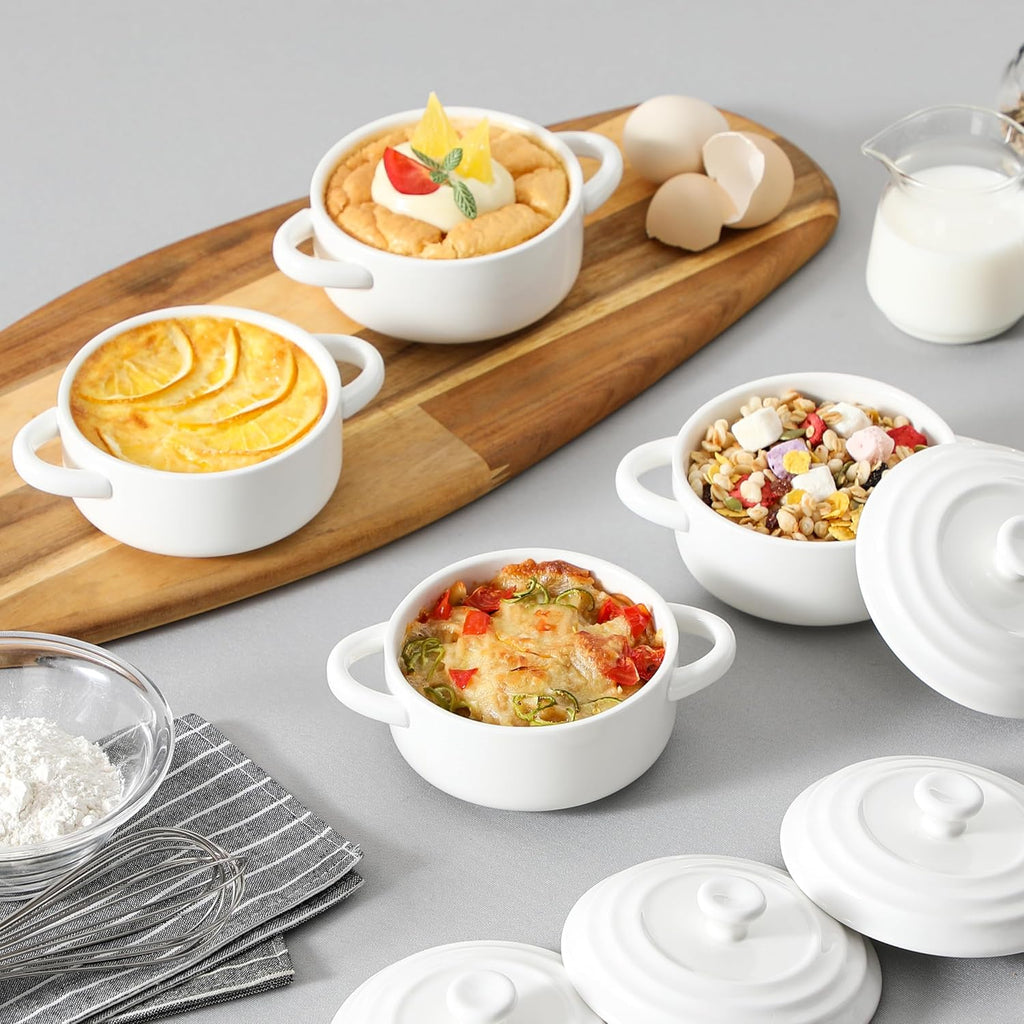 Mini Cocotte Set of 4, 14 OZ Ceramic Casserole Dishes with Lids | Single Serving Small Dutch Oven Set, Lasagna