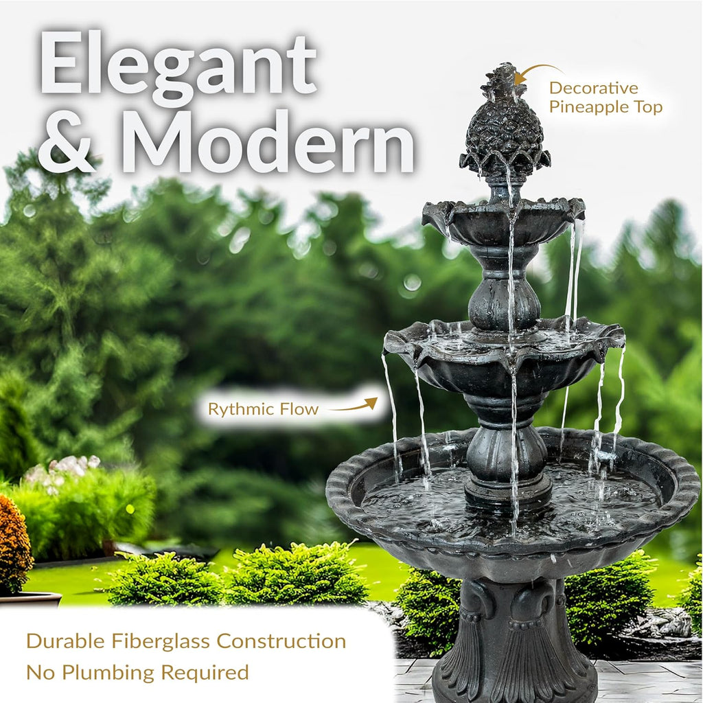 57" H Welcome 3-Tier Water Fountain - Large Electric Water Fountain with Pineapple Topper or Yard - Deep Espresso