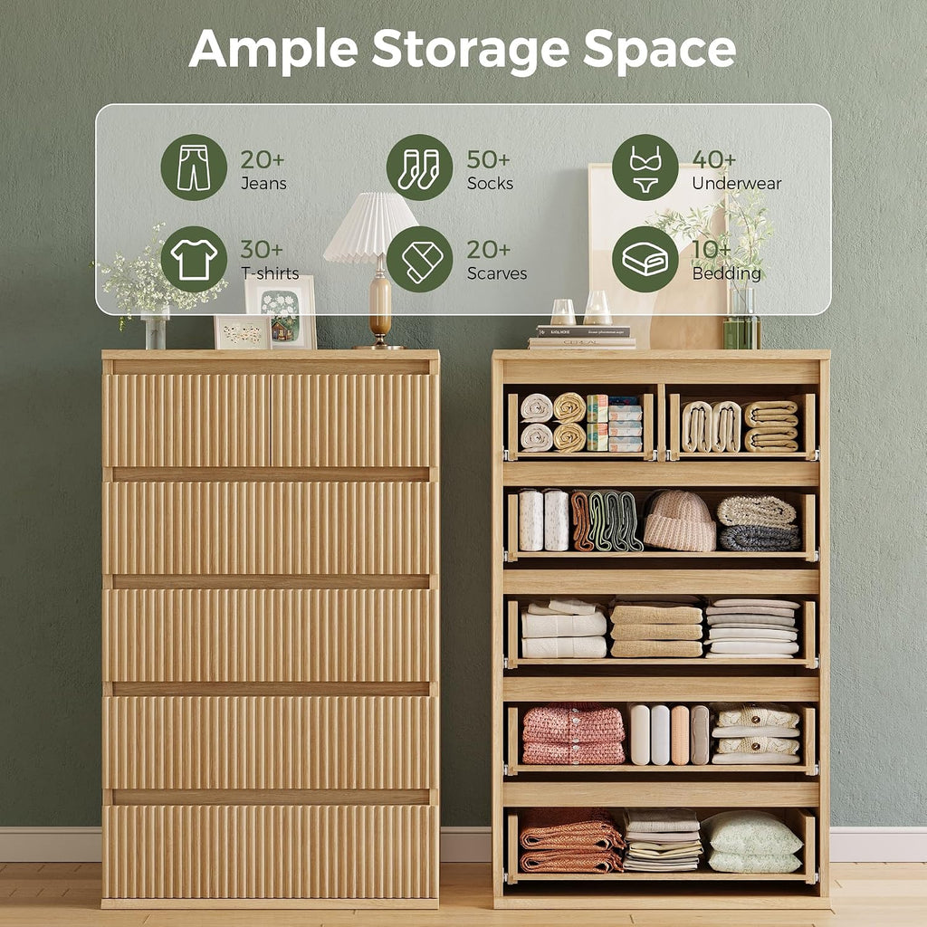 Fluted 6 Drawer Dresser , Modern Wood Chest of Drawers, Tall Storage Dresser with Deep Drawers, Handleless