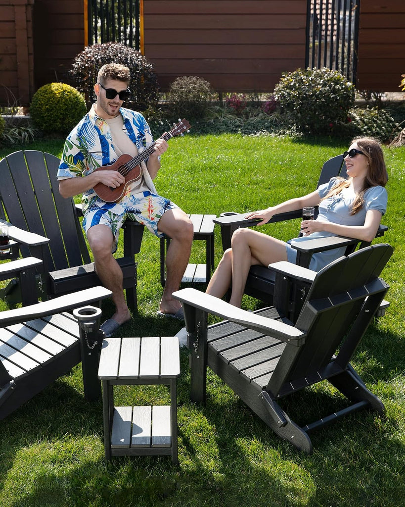 Folding Adirondack Chair, Patio Chair Wood Texture, Outdoor Chair Weather Resistant, Fire Pit Chair with Cup Holder
