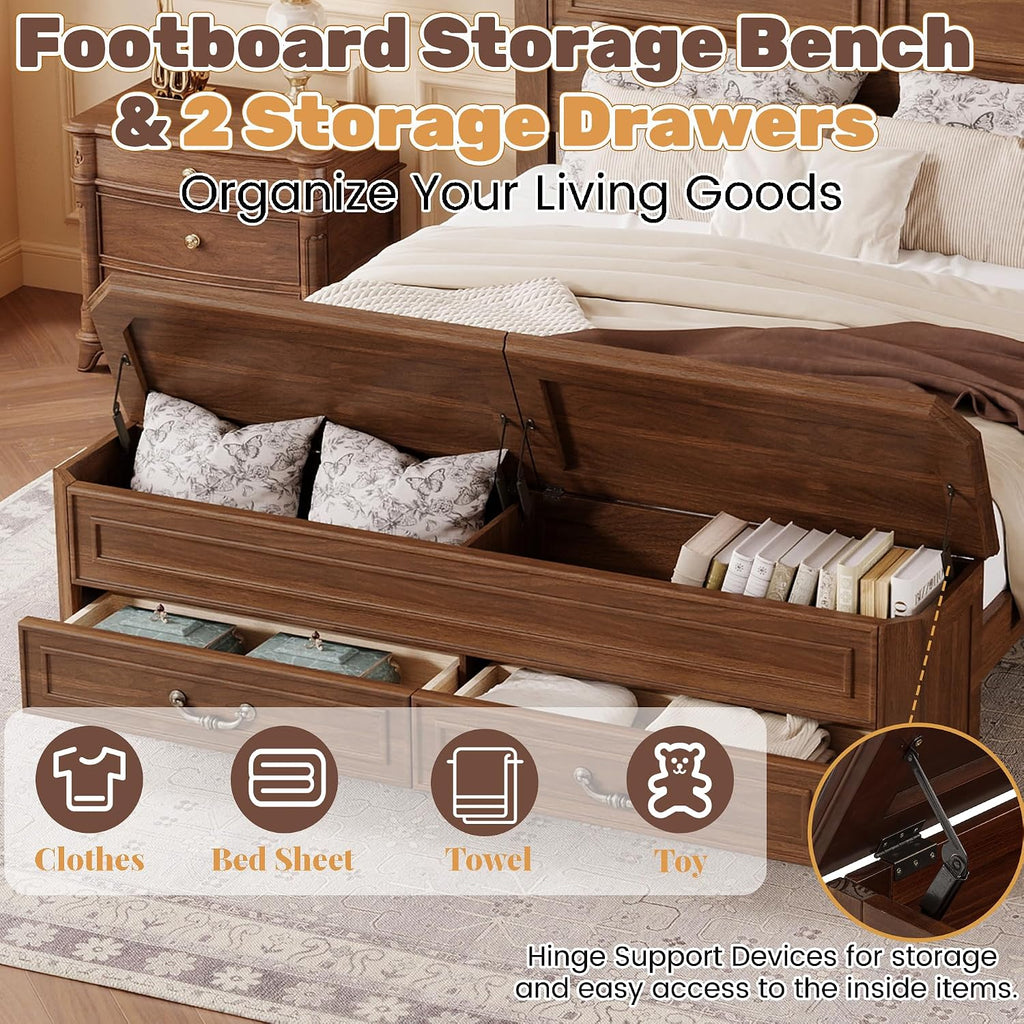 Farmhouse Queen Bed Frame with Tall Headboard, Rustic Solid Wood Platform Bed Queen with Storage Bench and 2 Large