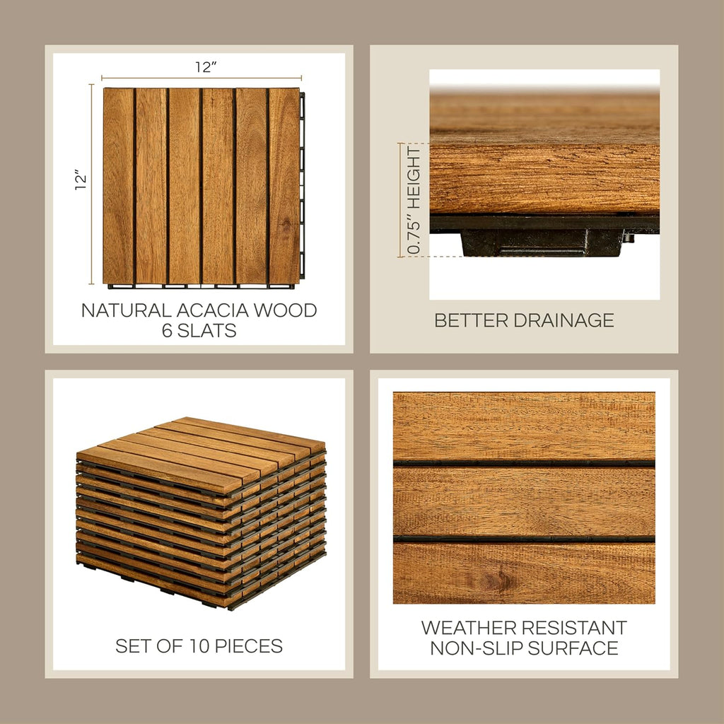 Premium Deck Tiles, Patio Flooring - Set 10 Pcs 12”x12”x0.9” Interlocking Deck Tiles, Waterproof Acacia Wood for