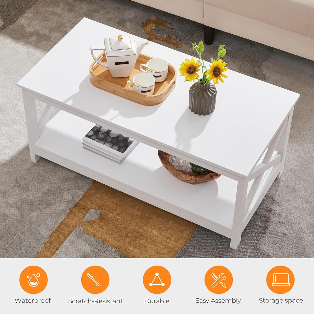 Wood 2-Tier White Coffee Table with Storage Shelf, X Design Accent Cocktail Table, Simple Design Home Furniture