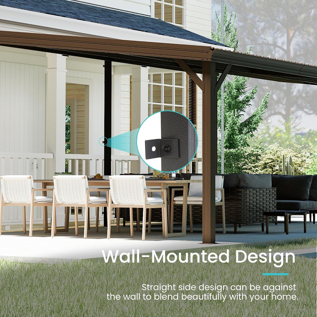 12' x 20' Lean to Gazebo, Wall Mounted Gazebos Pergola with Built in Drainage System, Galvanized Steel Roof