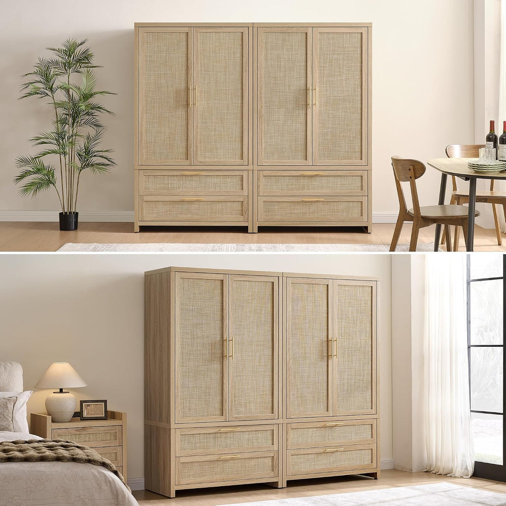 71 inch Rattan Wardrobe Closet : Armoire Wardrobe with Drawers | Farmhouse Boho Storage Cabinet with Hanging Rod