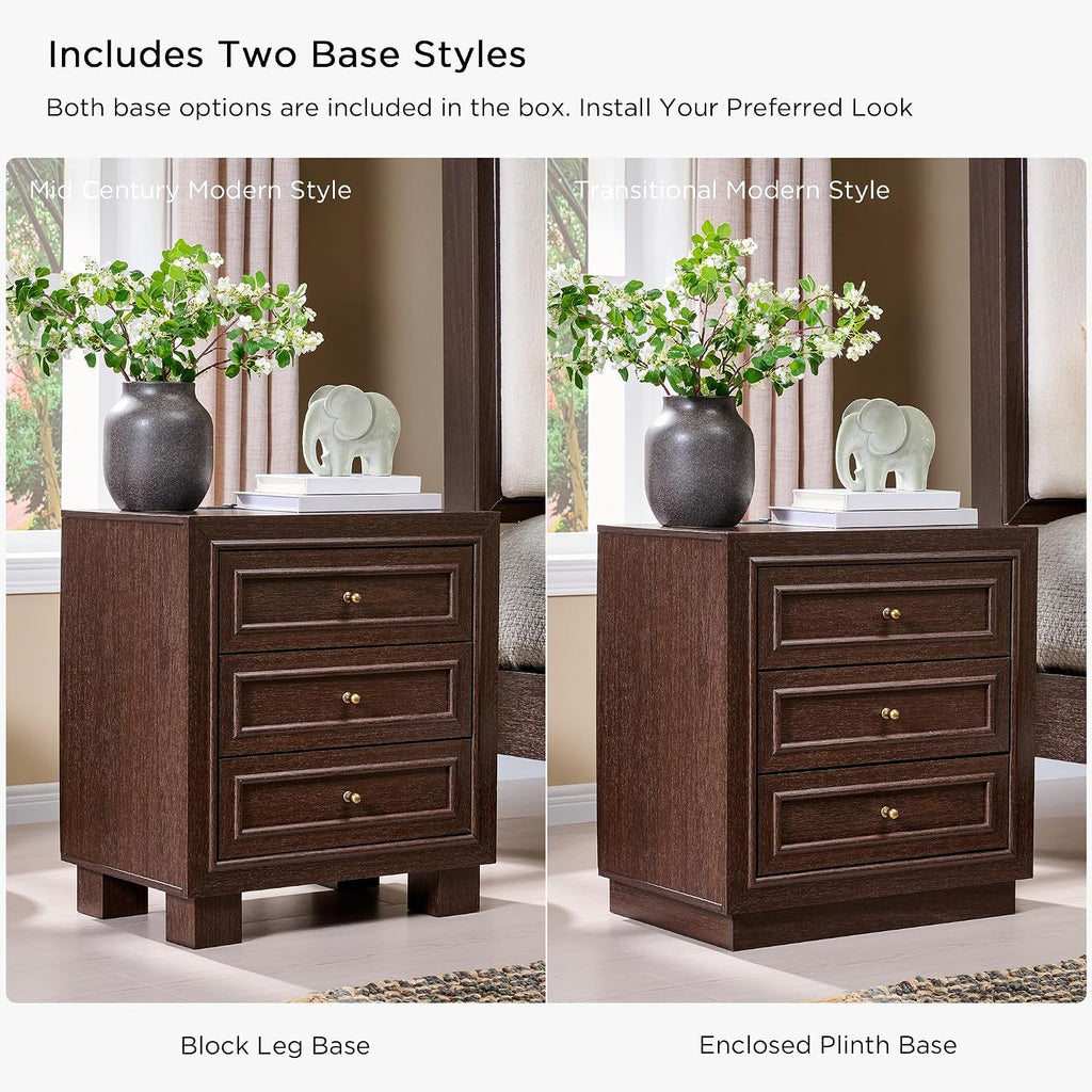 3 Drawer Night Stand with Two Base Styles Included, Mid Century Modern Nightstand with Charging Station, Wooden End