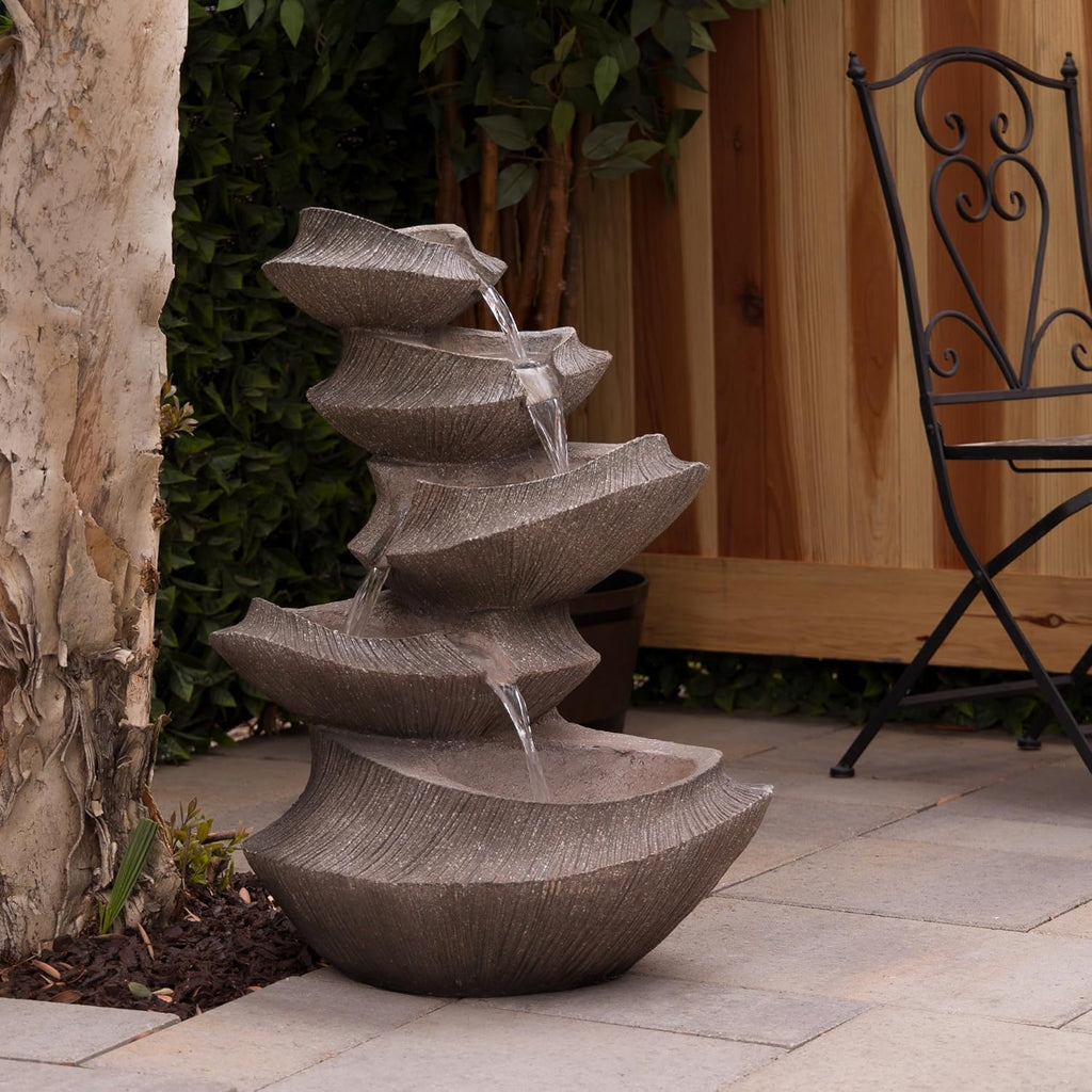 Outdoor Floor Tiered Basin Fountain with LED Lights, Modern Basin Garden Fountain 31", Brown