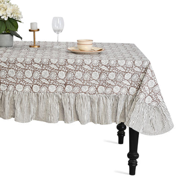 CPC Rustic Brown Block Print Ruffle Rectangle Tablecloth 60x108 Inch