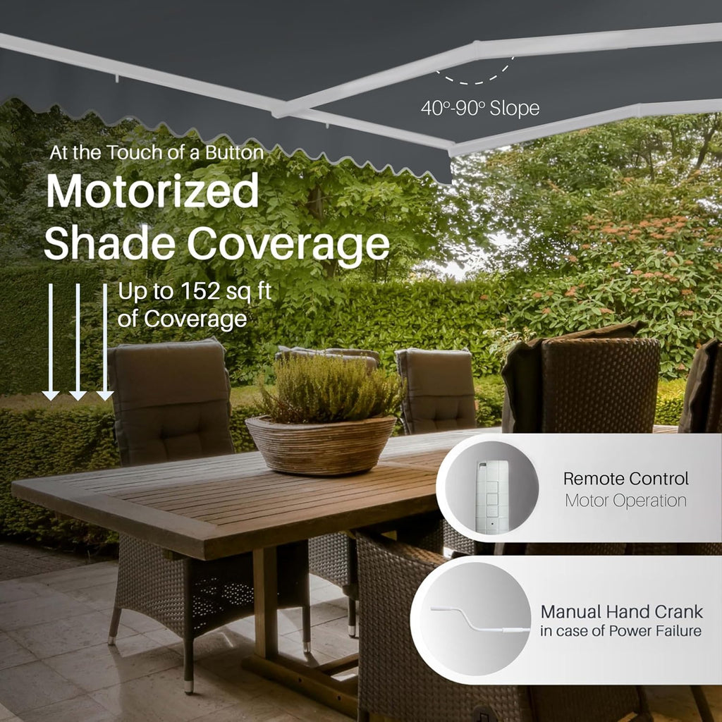 Electric Patio Awning Caribbean White Frame 16x10 Gray | Retractable sunshade for decks and balconies
