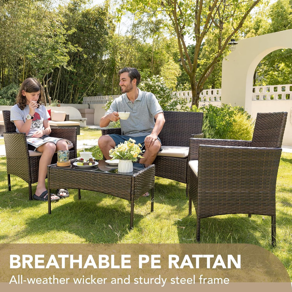 4 Pieces Outdoor Patio Furniture Set, PE Rattan Wicker Chairs Balcony Lawn Porch Patio Furniture Sets with Beige