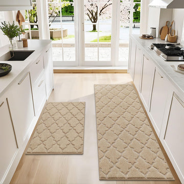 Soft Kitchen Rugs Set of 2 Non Slip 24"x36"+24"x60", Warm Beige