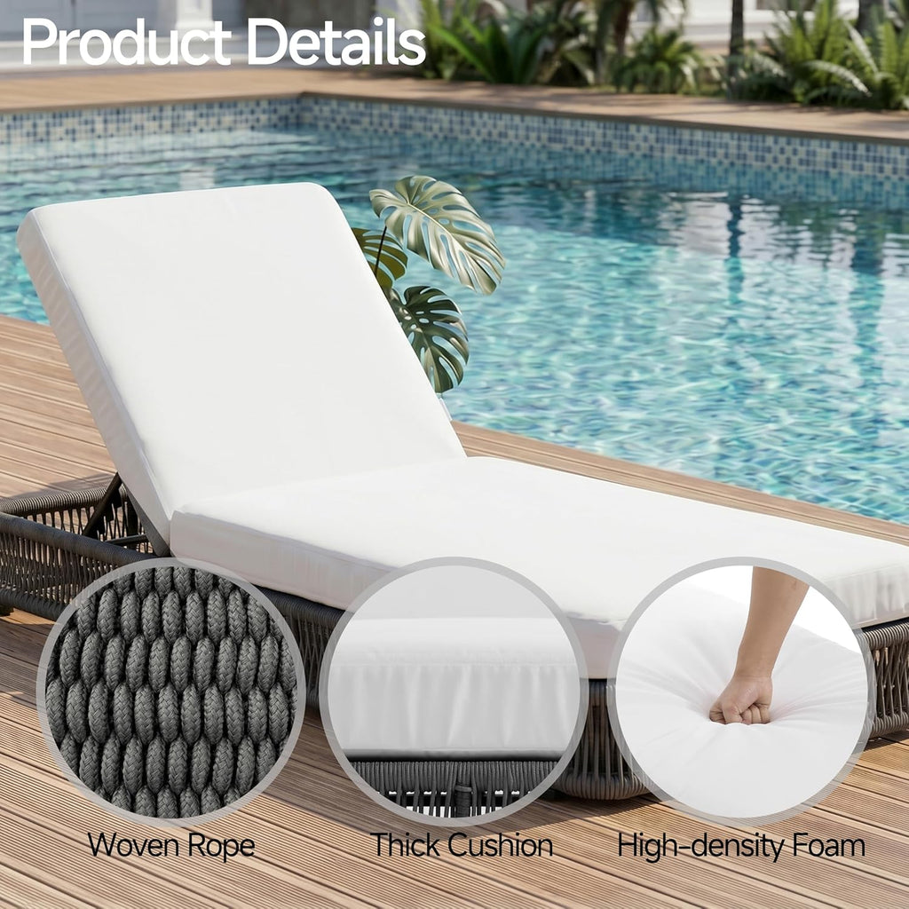 Outdoor Chaise Lounge Chair, Gray Woven Rope Patio Recliner with 5-Position Adjustable Backrest, Pool Sunbathing