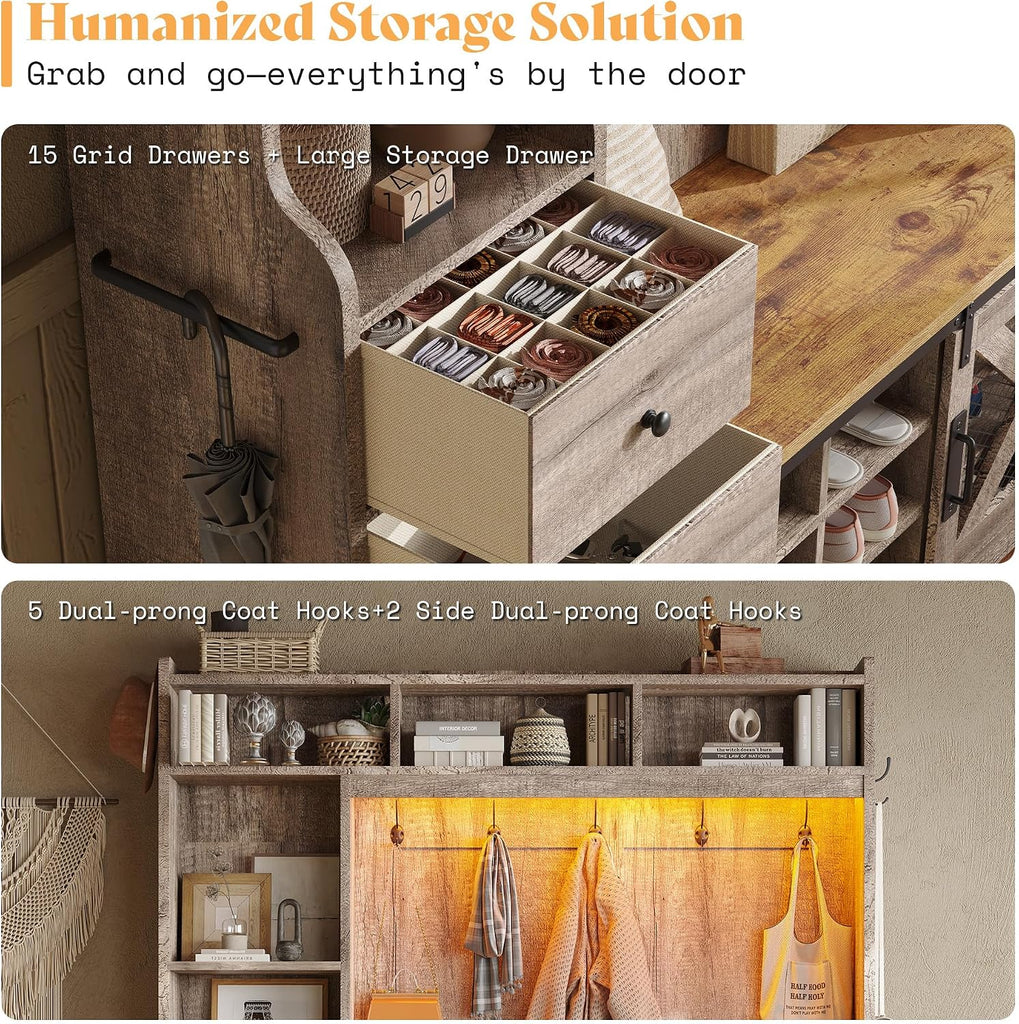 75"H 7-in-1 Farmhouse Hall Tree with Bench and shoe storage, LED Entryway Bench with Coat Rack, 12 Shoe Cubbies, 2