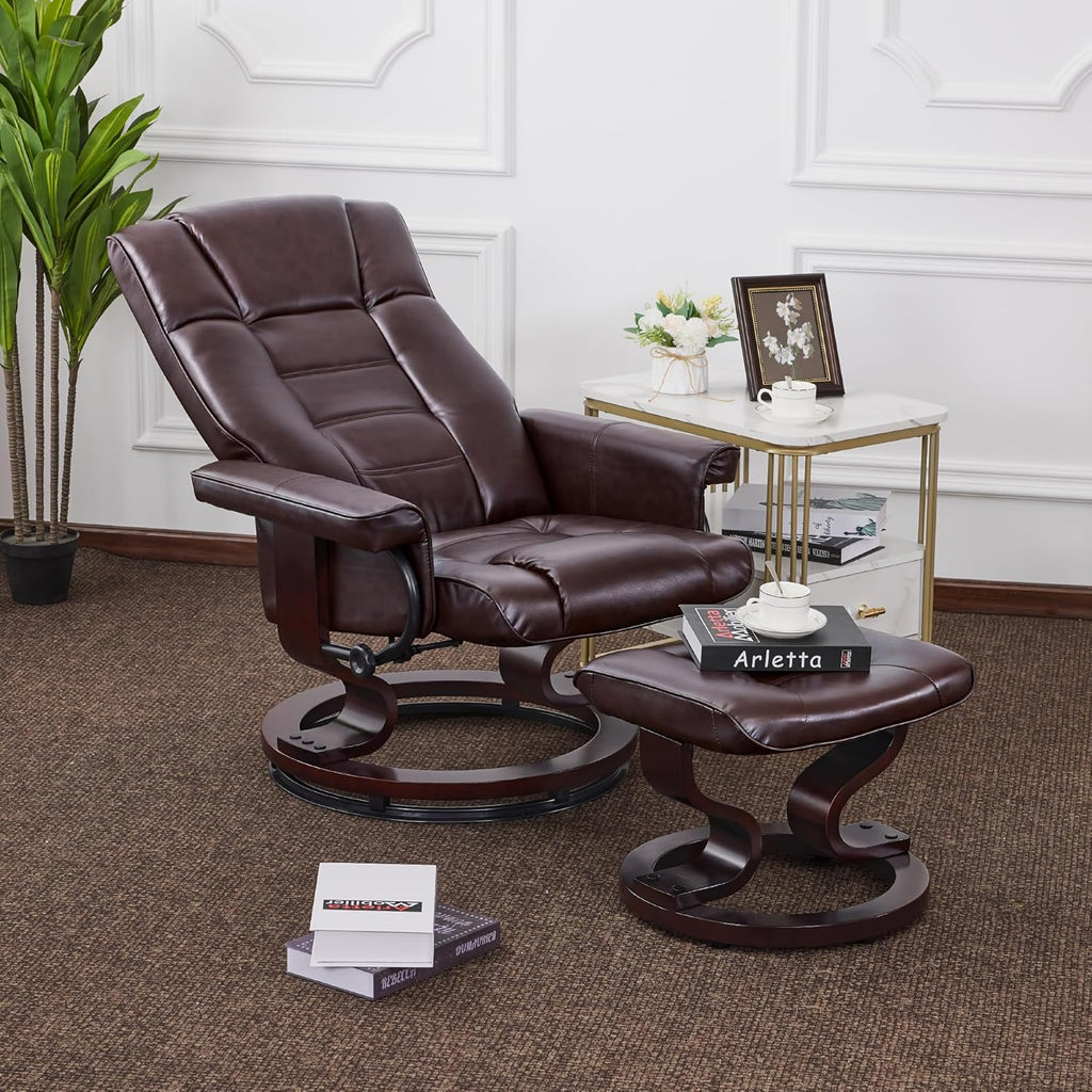 Modern Reclining Swivel Lounge Chair and Ottoman — Brown Faux Leather