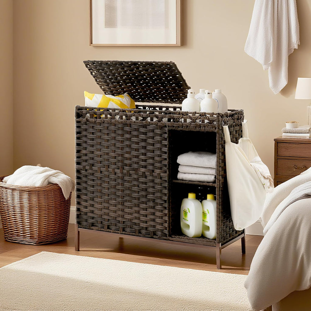 Laundry Hamper with Lid, 110L (29.1 Gal) Rattan Laundry Hamper 2 Section with 50L (13.2 Gal) Storage Shelf, Wicker