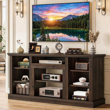 Farmhouse TV Stand for 75/80 Inch TVs, Entertainment Center with Adjustable Shelf & Open Storage, TV Console Table
