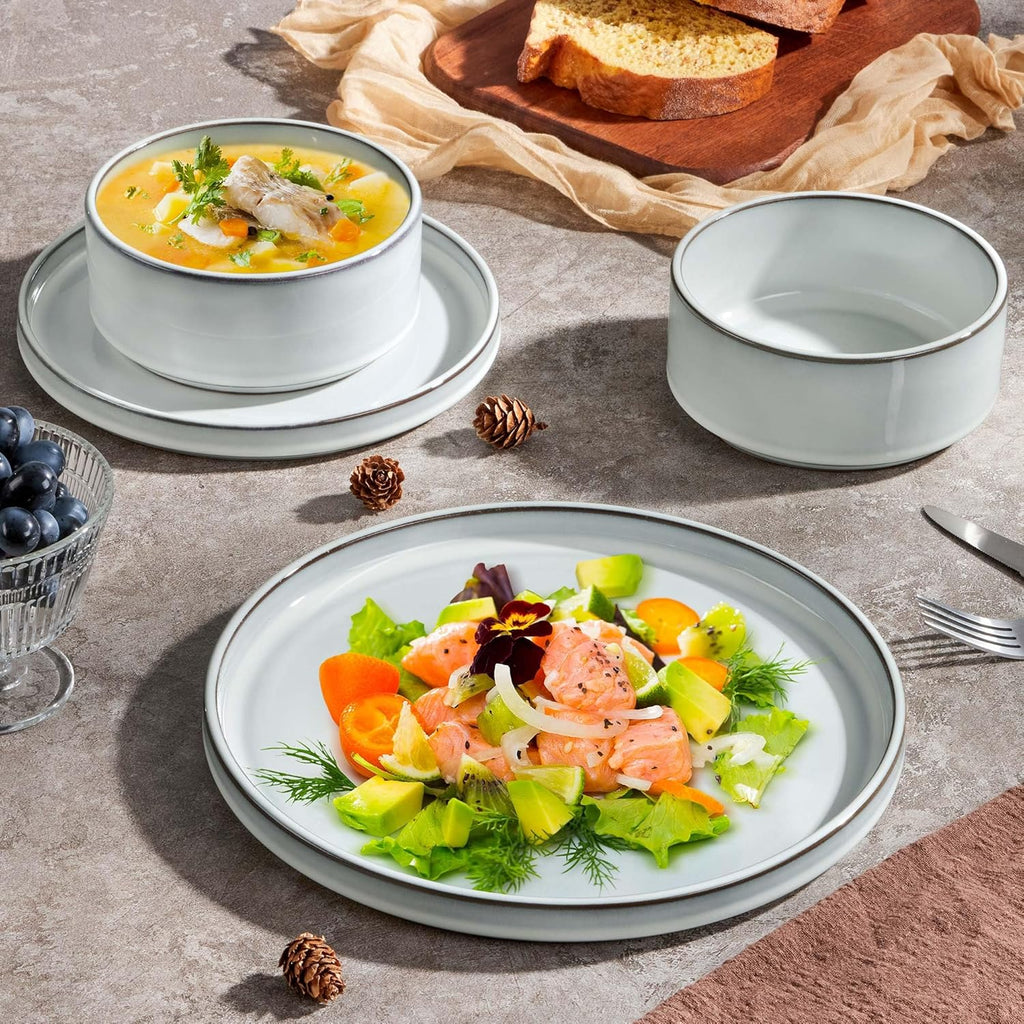 12 Pieces Stoneware Dinnerware Set for 4, Ceramic Dinner Dishware SetsPlates and Bowls with Rustic Terracotta Bottom