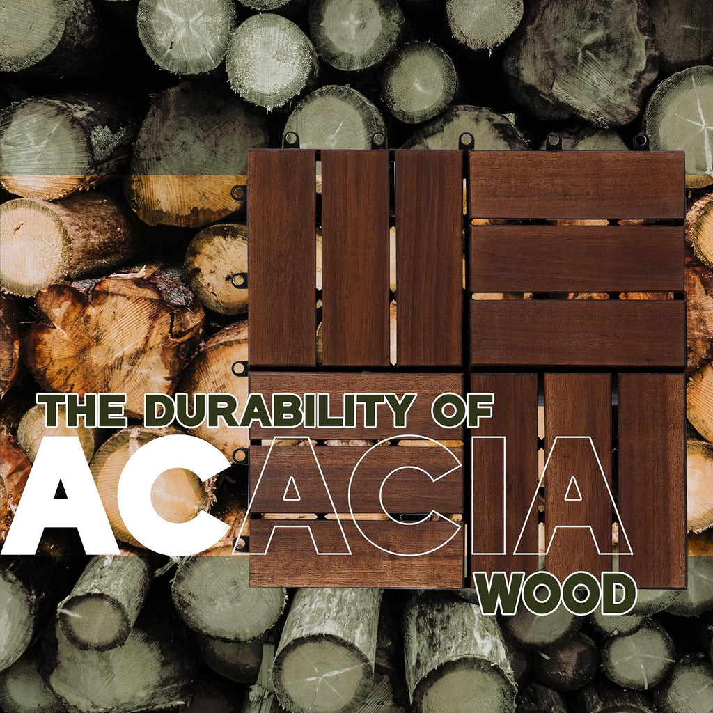 Natural Acacia 12x12 Interlocking Wood Deck Tiles for Balcony, Garden, Patio, Poolside Decor - Waterproof Indoor &