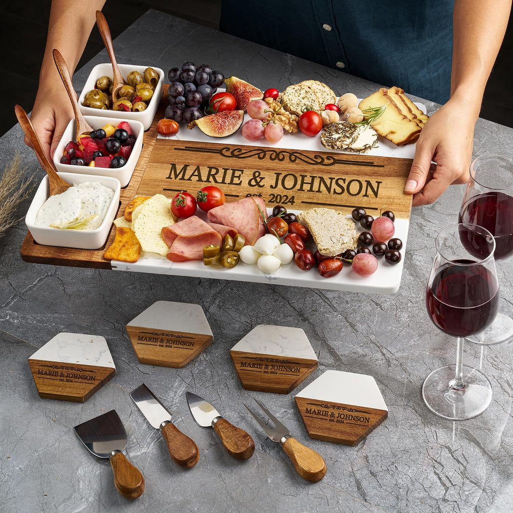 Personalized Acacia Wood & Marble Charcuterie Board - Custom Engraved Cheese Board with Knife Set - Perfect Wedding &