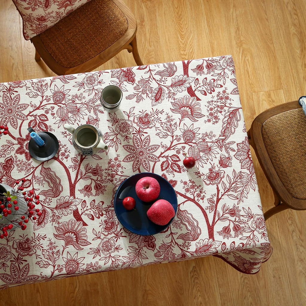 Designer French Linen Table Cloth for Rectangle Table,Red Floral Washable Indoor Tablecloth,Durable 