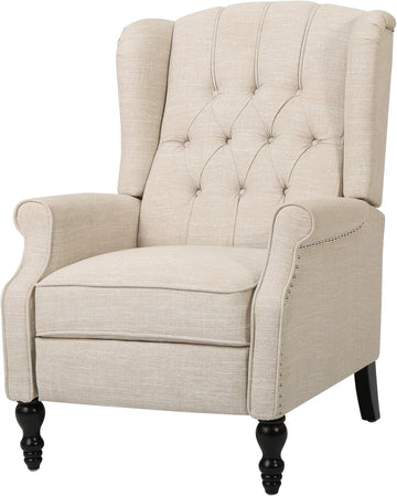 Elizabeth Tufted Fabric Recliner, Vintage Reclining Reading Armchair, Light Beige