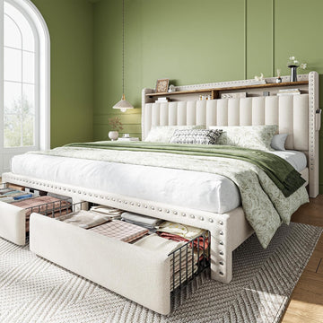 King Bed Frame with 2 Storage Drawers & Upholstered Headboard,No Box Spring Needed, Easy Assembly, Noise Free, Beige
